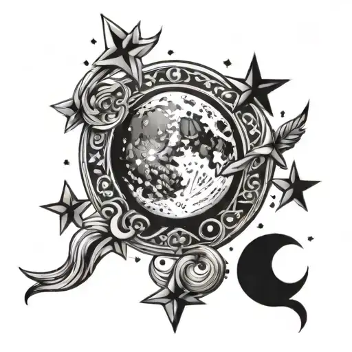 moon and stars shining tattoo design idea