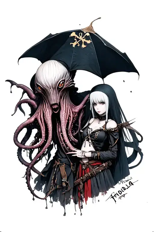 nier automata 2b and cthulhu dressed as ragged pirates tattoo design idea