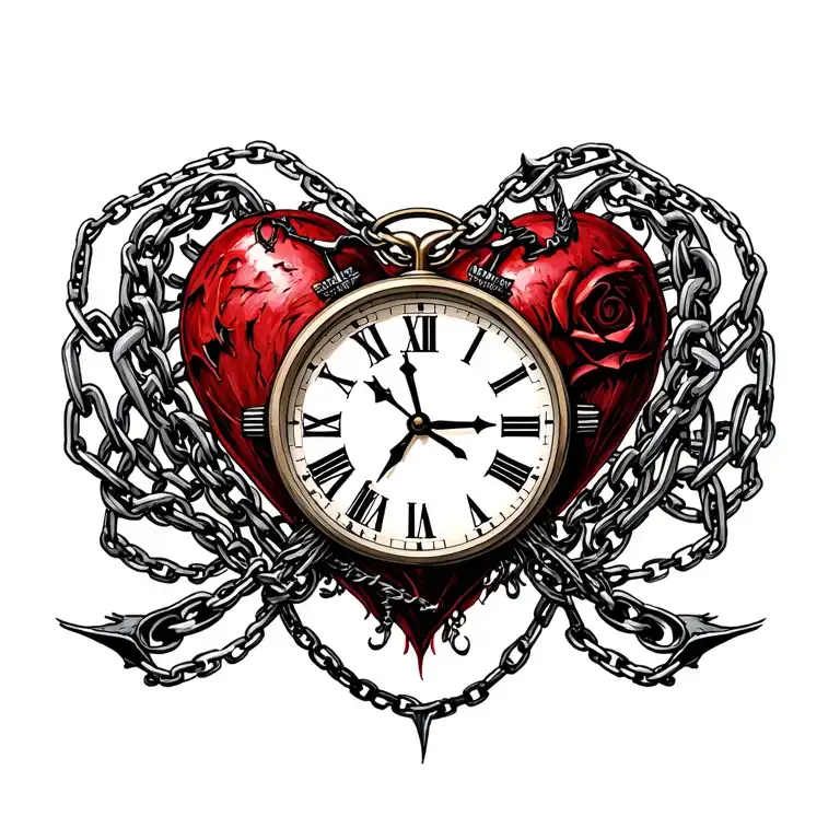 "Mélanie" clock Coeur chain tattoo design idea