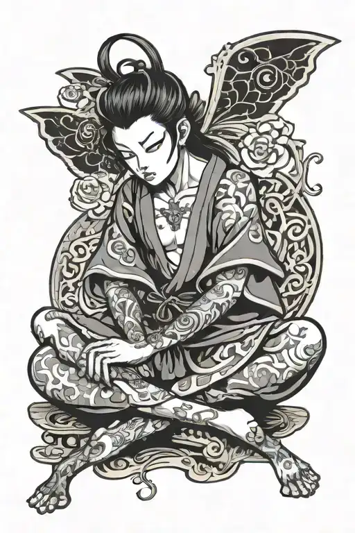 cartoon fairy sitting cross legged tattoo design idea