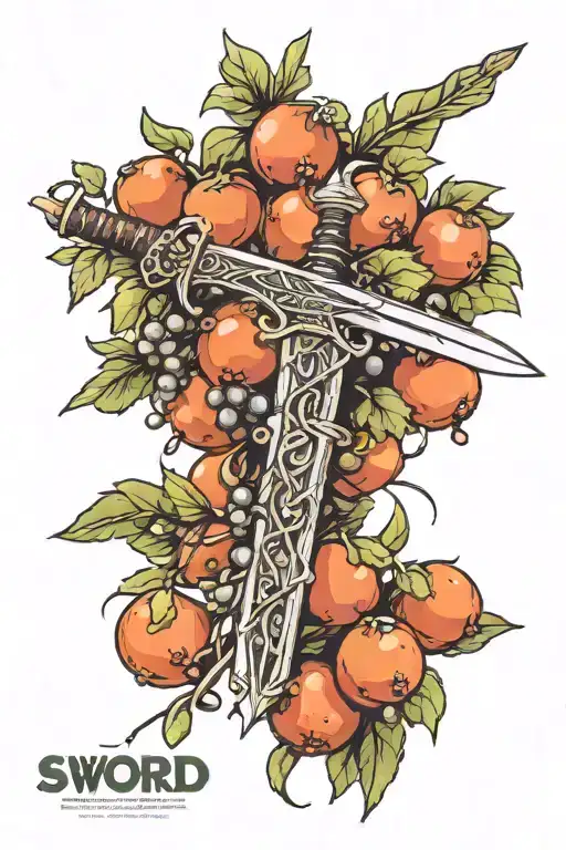 sword with singular minimal vine/branch wrapped around it with small fruit. minimal design with some muted green colours tattoo design idea