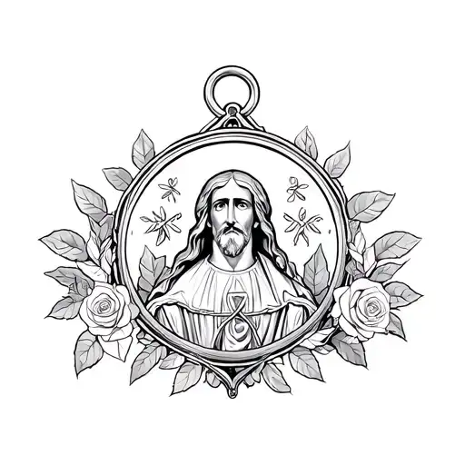 Saint Benedict medal, with roses and laurels tattoo design idea