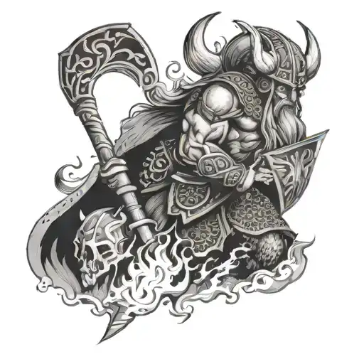 Viking with fire in battle scene inside tattoo design idea