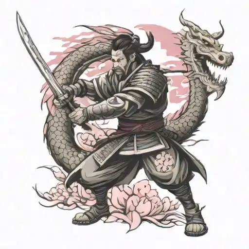 Samurai in armor wielding his sword with a dragon in the background twisting around a pink blossom tree with tribal end tattoo design idea