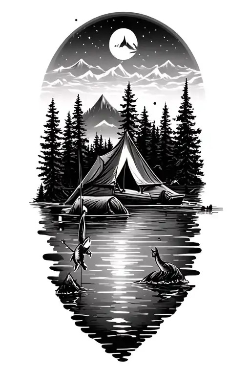 camping, fishing, wildlife tattoo design idea
