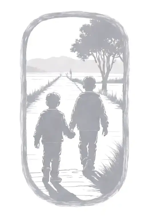siloutte of to small boys an older brother and younger brother walking away hand in hand tattoo design idea