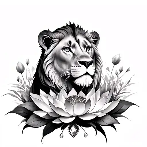 Lioness with Jewel and lotus flowers growing tattoo design idea