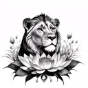 Lioness with Jewel and lotus flowers growing tattoo design idea