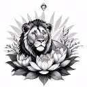 Lioness with Jewel and lotus flowers growing tattoo design idea