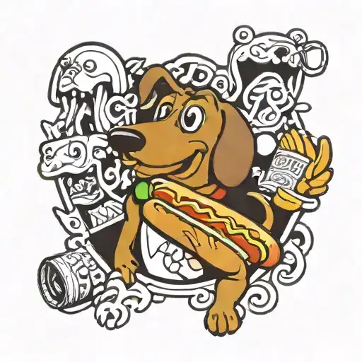 the name Arthur surrounded by cartoon hot dogs tattoo design idea