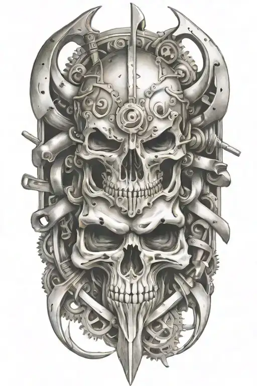 viking skull and swords surrounded by engine parts.  tattoo design idea