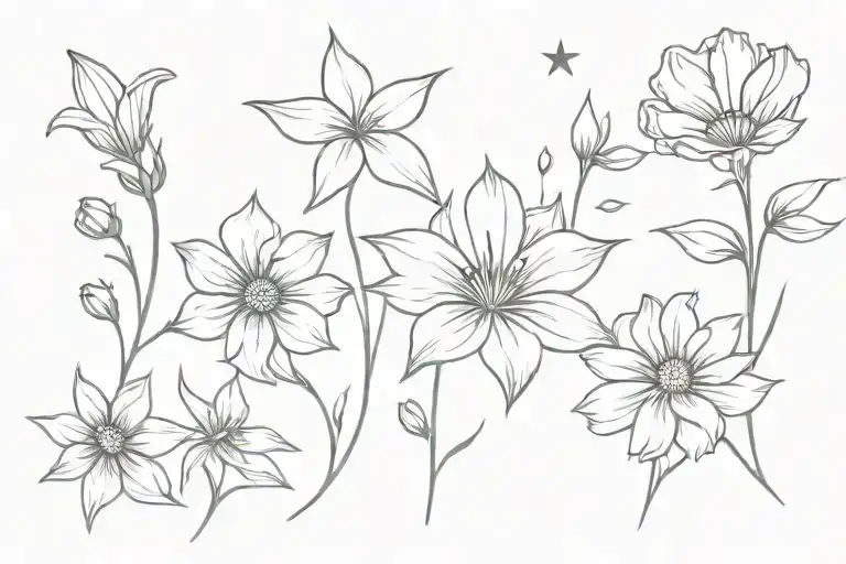 2 stars and a shooting star and chrisanthemum, cosmos, morning glory flowers tattoo design idea