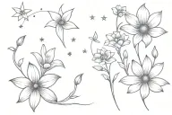 2 stars and a shooting star and chrisanthemum, cosmos, morning glory flowers tattoo design idea