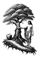 tree of life pathway leading towards Adam and Eve with an apple being handed off by the devil  tattoo design idea