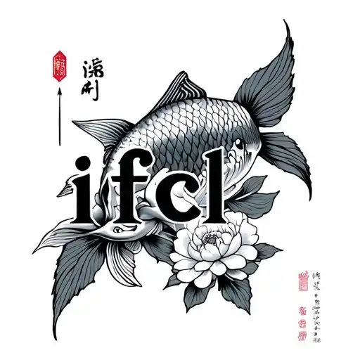arrow with the word "ifcl" written in lowercase and italicized. mount fuji, koi carp and peonies. tattoo design idea