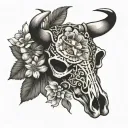 bull skull with may flowers and clock tattoo design idea
