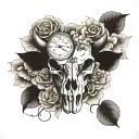 bull skull with may flowers and clock tattoo design idea