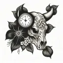 bull skull with may flowers and clock tattoo design idea