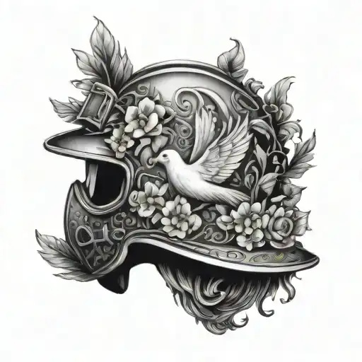 A firefighter's helmet adorned with Christian symbols like a dove and a cross, surrounded by elements of nature like trees and flowers tattoo design idea