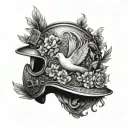 A firefighter's helmet adorned with Christian symbols like a dove and a cross, surrounded by elements of nature like trees and flowers tattoo design idea