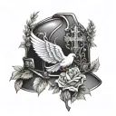 A firefighter's helmet adorned with Christian symbols like a dove and a cross, surrounded by elements of nature like trees and flowers tattoo design idea