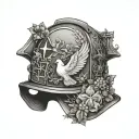 A firefighter's helmet adorned with Christian symbols like a dove and a cross, surrounded by elements of nature like trees and flowers tattoo design idea