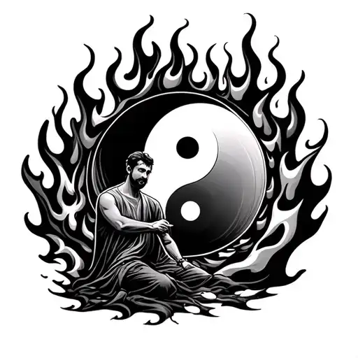 man sitting in fire and flames are yin yang symbol formed tattoo design idea