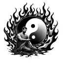 man sitting in fire and flames are yin yang symbol formed tattoo design idea