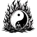 man sitting in fire and flames are yin yang symbol formed tattoo design idea