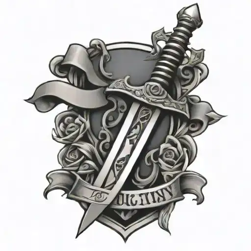 cyber sigilism sword with the word "STUCK IN PURGATORY" Running down the blade tattoo design idea