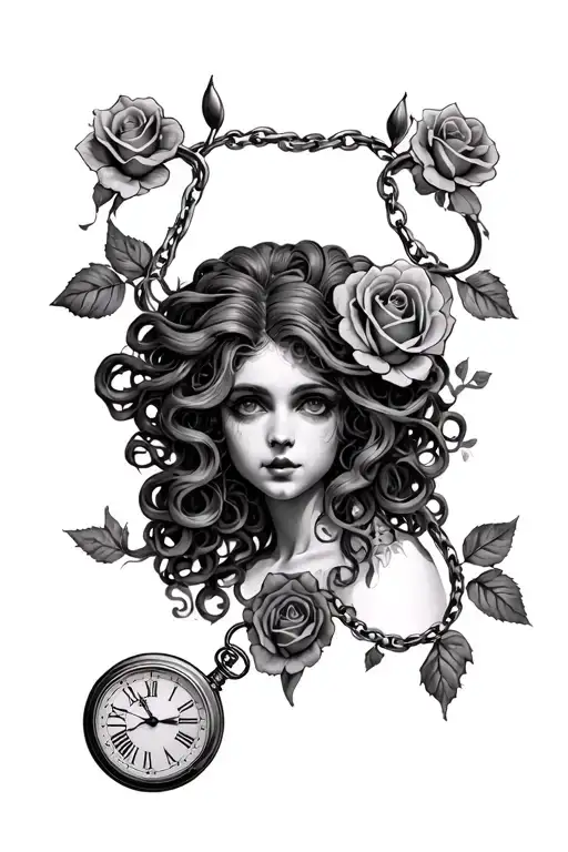 medusa as alice in wonderland thigh piece with roses and the pocketwatch tattoo design idea