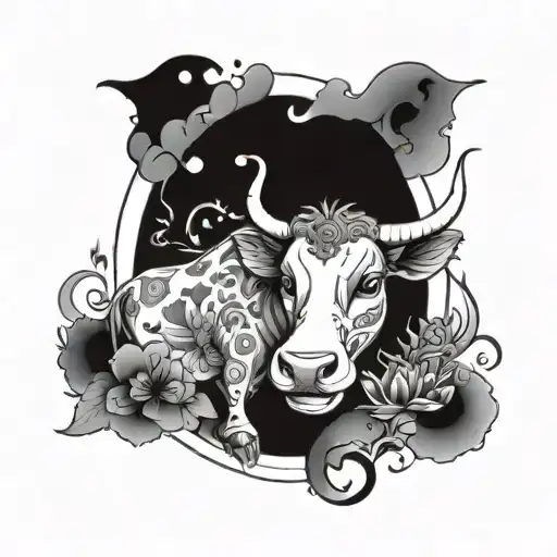 A cute cow (Capricorn, daughter's zodiac) embraced by a dragon (Leo, dad's zodiac), surrounded by a lotus for peace, a l tattoo design idea