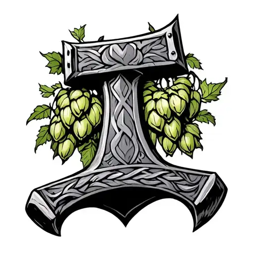 Thor's hammer entwined with hop cones and vines tattoo design idea