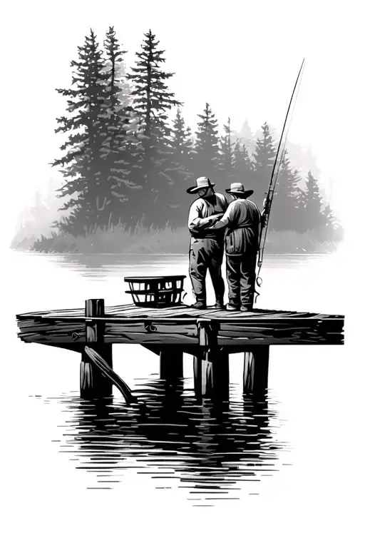 Grandpa memorial tattoo. Feb 5 1931-June 27, 2024. Outdoors, hunting, fishing, camping, lake, wooden pier over the lake, tattoo design idea