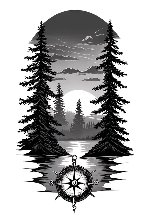 forest, sunset, compass, pine trees, tattoo design idea
