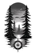 forest, sunset, compass, pine trees, tattoo design idea
