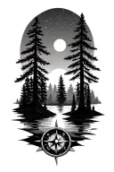 forest, sunset, compass, pine trees, tattoo design idea