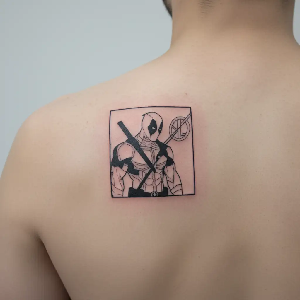 DEADPOOL HALFBODY WITH DEADPOOL WRITEEN UNDER THE TATTOO  tattoo design idea