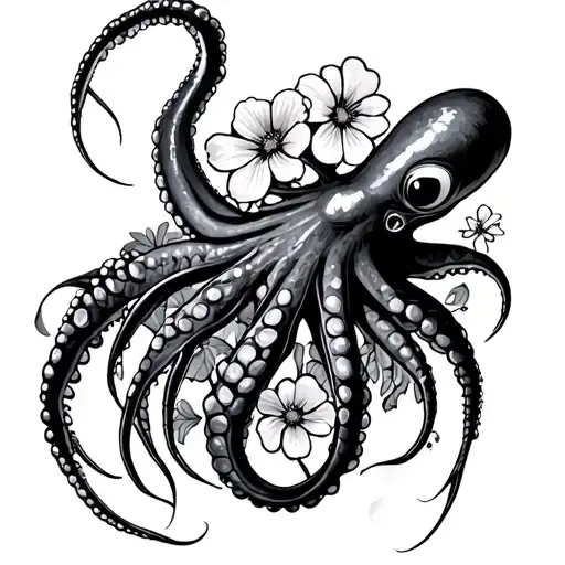 giant squid with flowers tattoo design idea