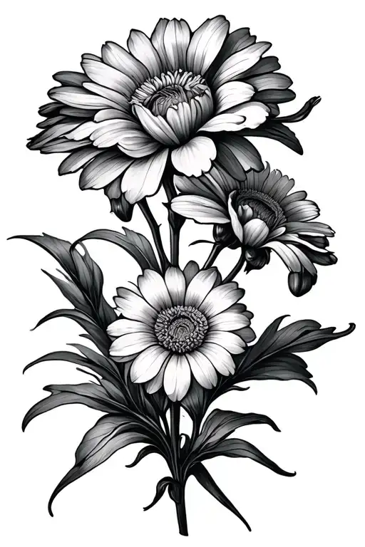 chrysanthemum, iris, aster flowers tattoo design idea