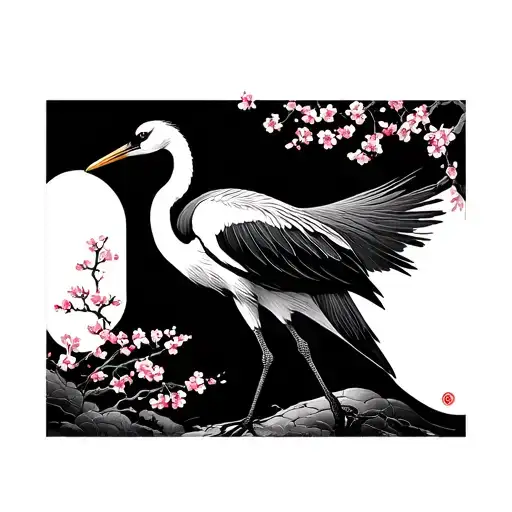 Japanese crane with cherry blossom tree with kaizen  tattoo design idea