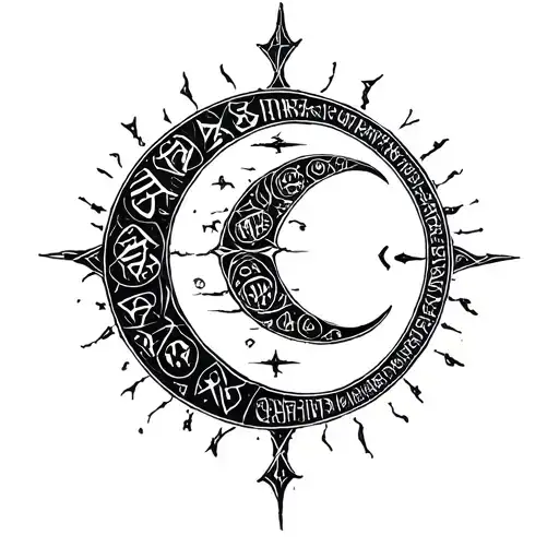Cresent moon made of norse runes spelling Til light fails and the nines are cast into darkness tattoo design idea