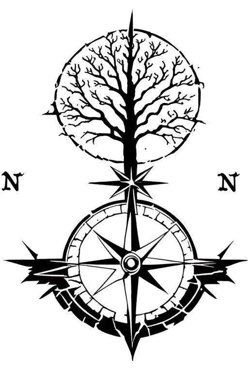 compass broken arrow tree moon surrounded tattoo design idea
