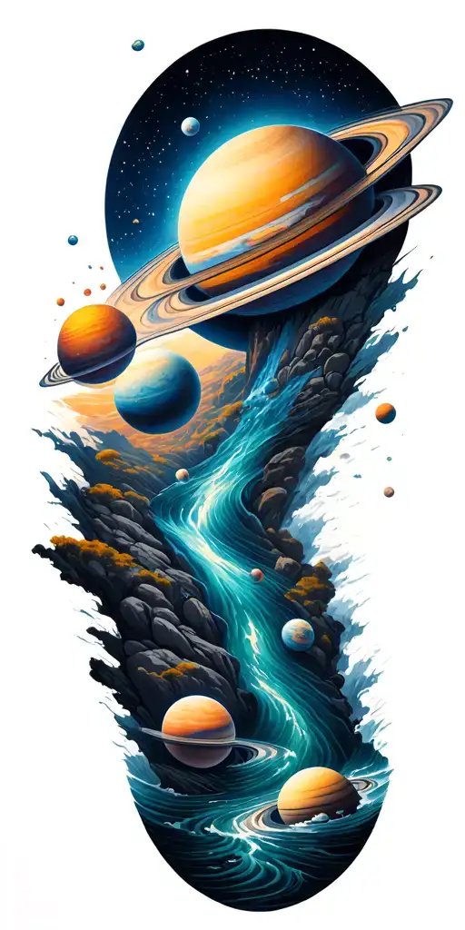 a universe with alot of planets flowing down, the planets are inside the river tattoo design idea