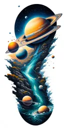 a universe with alot of planets flowing down, the planets are inside the river tattoo design idea