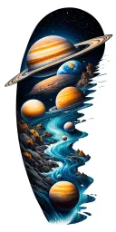 a universe with alot of planets flowing down, the planets are inside the river tattoo design idea