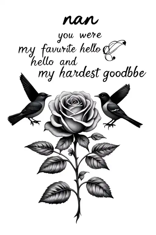 rose with 2 birds and the word "nan" written as the stem and "you were my favourite hello and my hardest goodbye" tattoo design idea