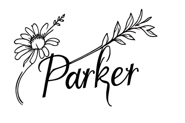 The name Parker written in cursive with the beginning an arrowhead flowing into the P and the end a flower coming from r tattoo design idea