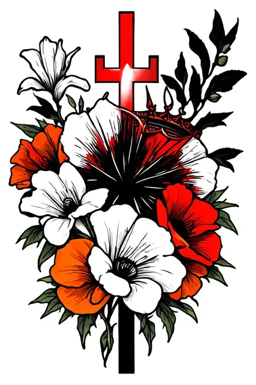 red cross black white light behind cross white orange lillies red poppies black thorn crown tattoo design idea