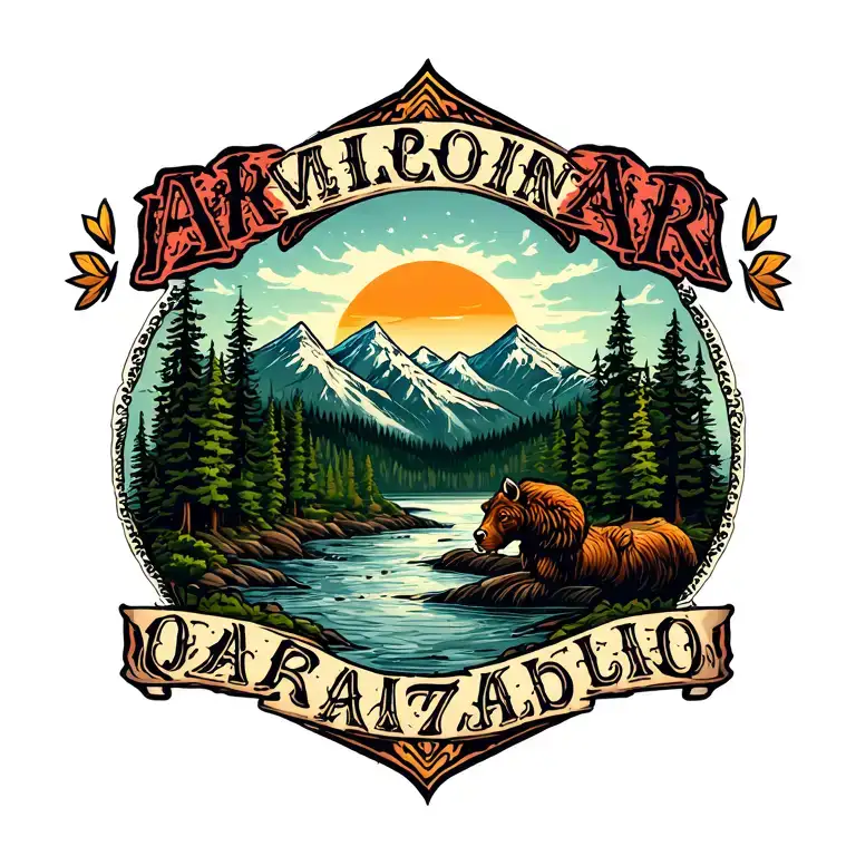 american traditional back tattoo with mountains, a river, north american mamals, forests, and folk music tattoo design idea